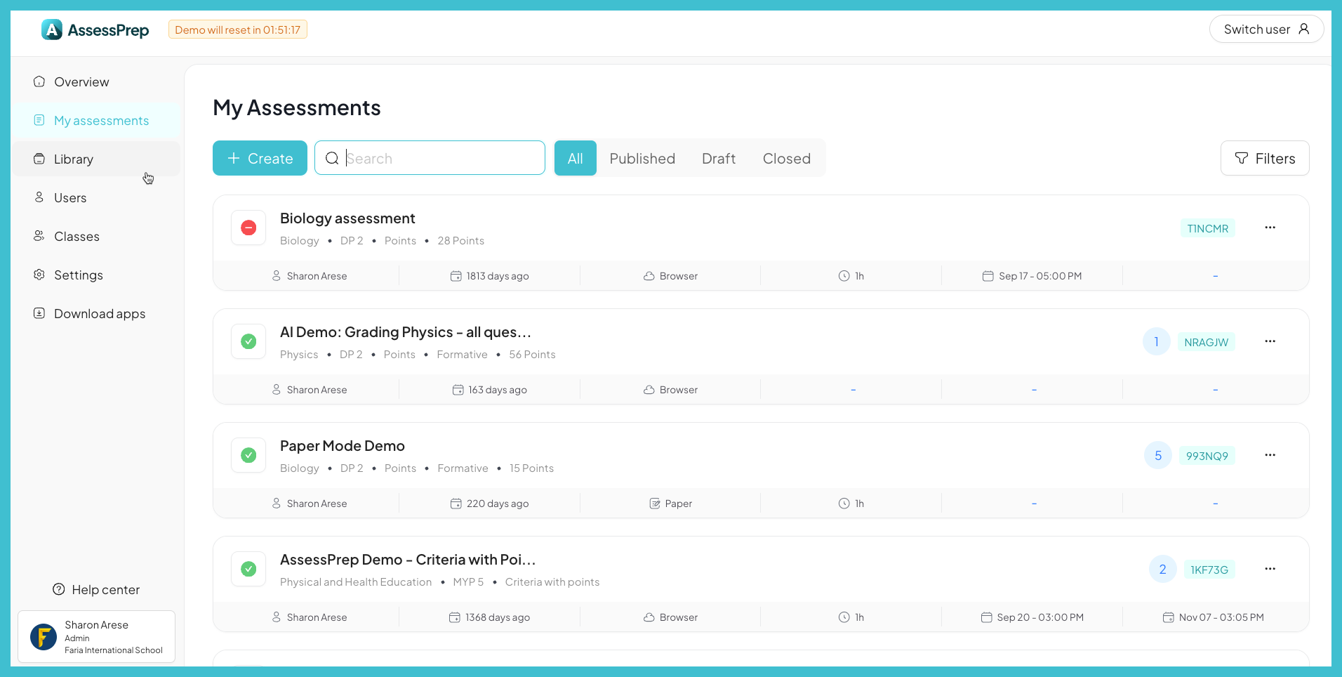 My Assessments — manage published, draft, and closed assessments in one place