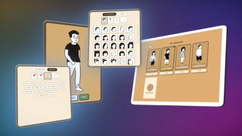 Character creator — students design their own hero who appears in every story