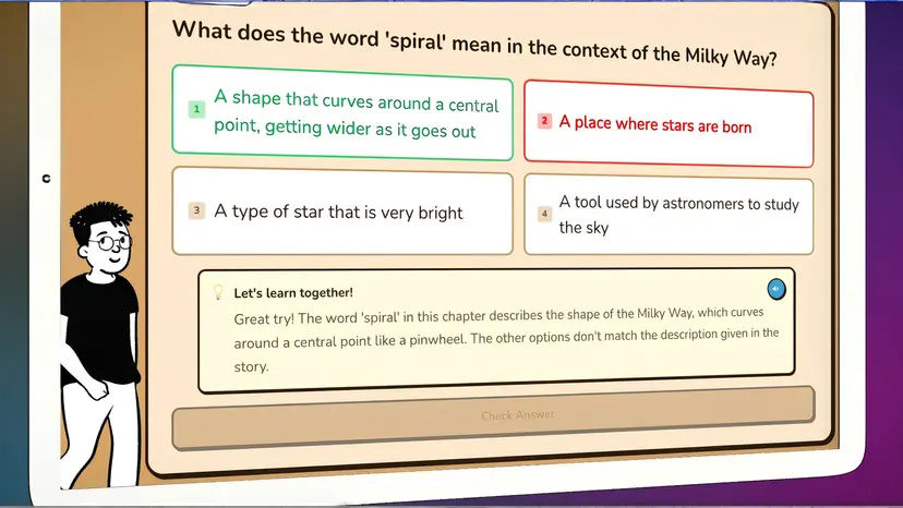 Comprehension assessment — instant feedback across 5 key reading skills